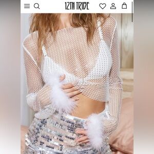 12th Tribe Martini White Rhinestone Mesh Top